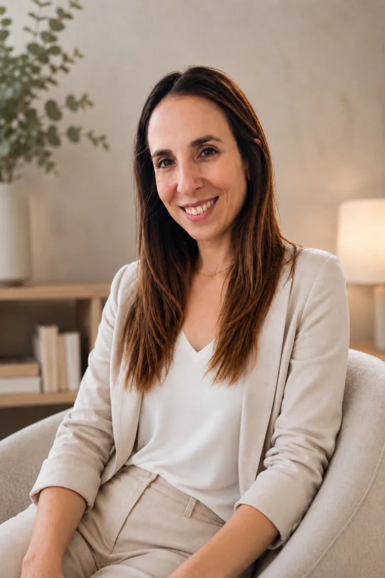 Retrato de Isabel Sananes, psicoterapeuta psicoanalítica, en una consulta de tonos cálidos.