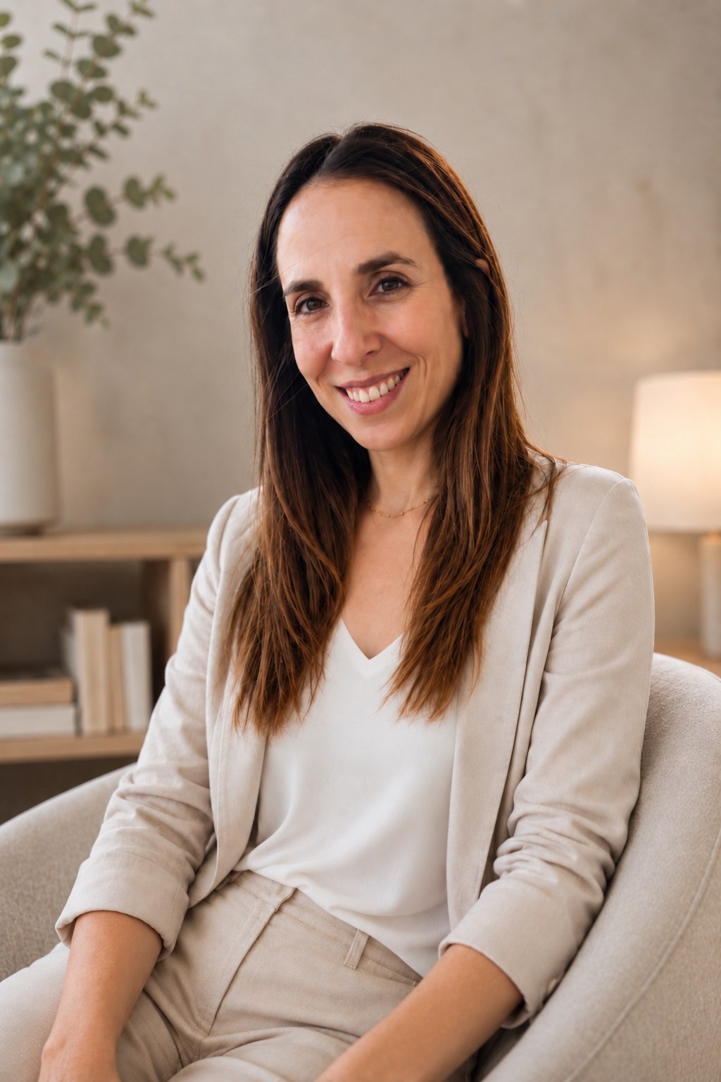 Retrato de Isabel Sananes, psicoterapeuta psicoanalítica, en una consulta de tonos cálidos.