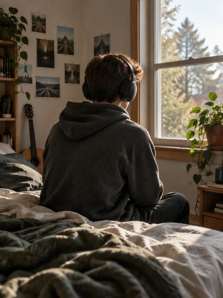 Adolescente de espaldas con auriculares junto a la ventana de su habitación
