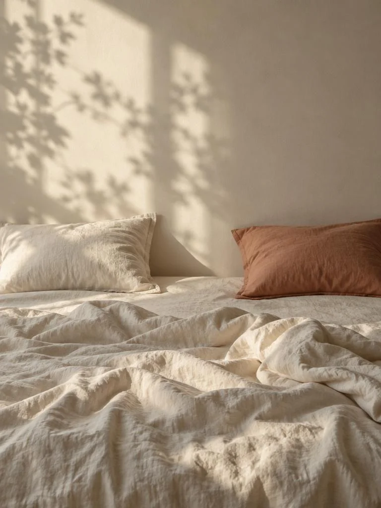 Ropa de cama y dos almohadas bajo una luz cálida