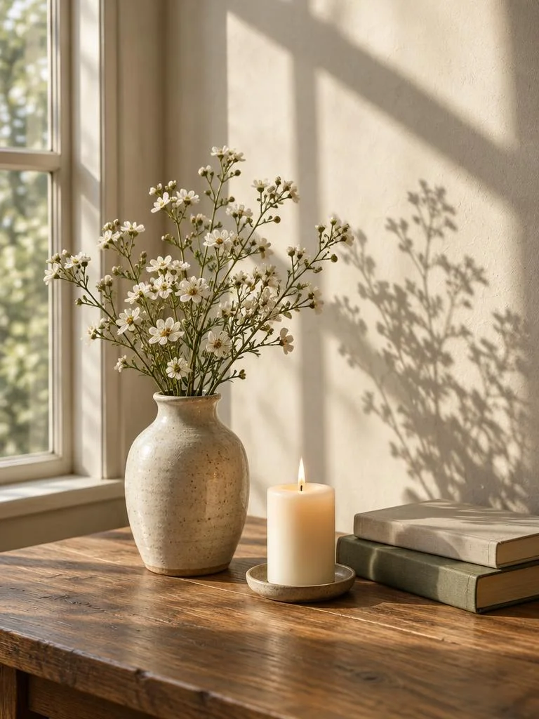 Flores, una vela encendida y libros junto a una ventana