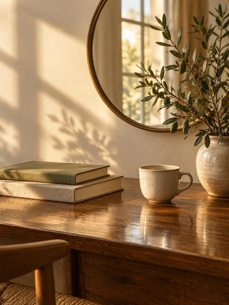 Escritorio con libros, taza, espejo y una planta