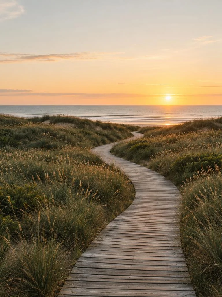 Camino entre dunas hacia el mar al amanecer